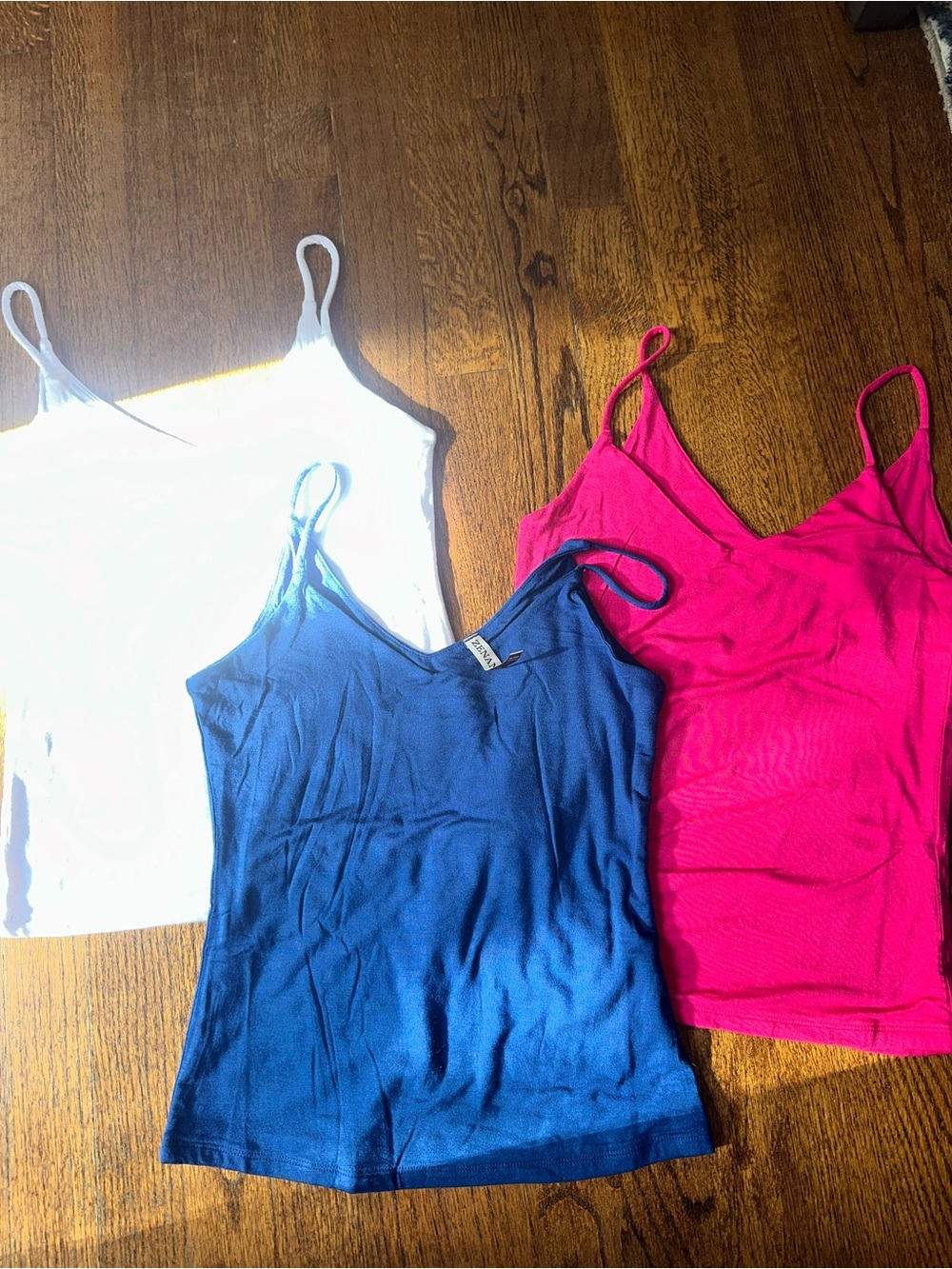 Zenana Set of Three V-Neck Strappy Camisole Tank Tops - White, Blue, FuchsiaPink